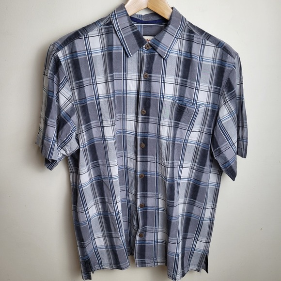 Tommy Bahama 100% Silk Shirt Mens Large Gray Blue Plaid Button Down Short Sleeve - Picture 1 of 8